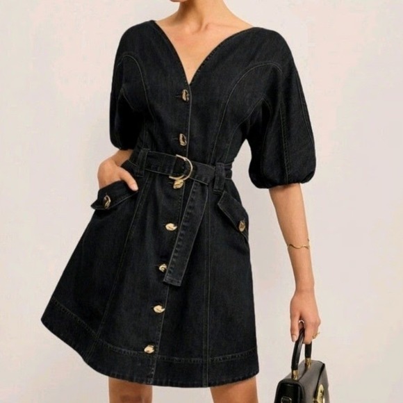 Commense Dresses & Skirts - Commense Black Denim Puff Sleeve Belted Mini Dress Gold Dark academia work XS
